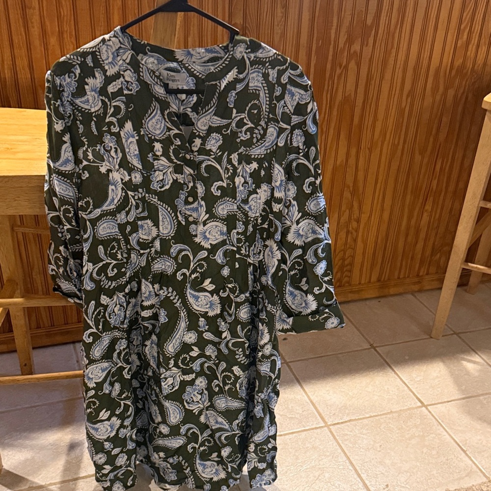 Kim Rogers Olive Green Paisley Button-Front Long Sleeve Dress NWT